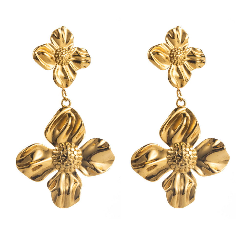 Wholesale Stylish Simple Personality Pleated Texture Flower Titanium Steel Geometric Inlay Pearl Design Sense Earrings